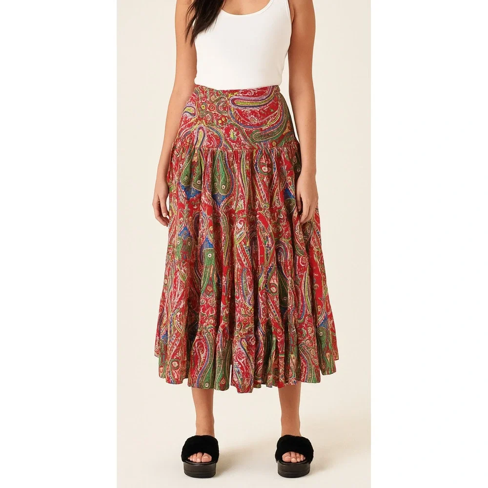 Lauren by Ralph Lauren Red Paisley Tiered Midi Maxi Full Length Skirt Size Large - Picture 1 of 9